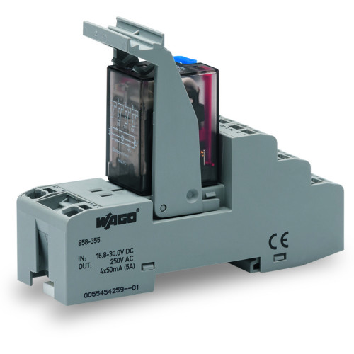 Socket with industrial relay Coil voltage: DC 24 V 4 changeover contacts with gold contacts for railway operations