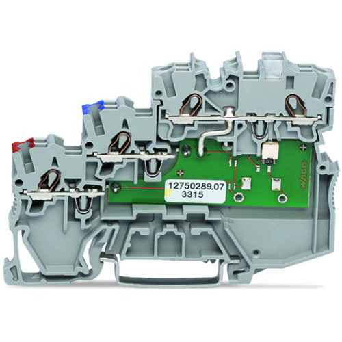 3-conductor sensor terminal block, LED (yellow), for NPN-(low-side) switching sensors, gray