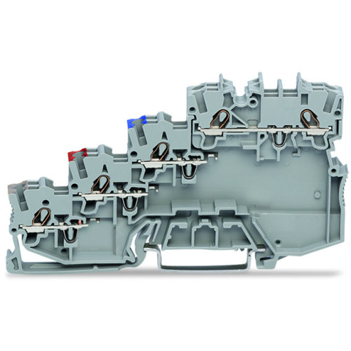 4-conductor sensor terminal block, with ground connection via push-in type jumper bars, with colored conductor entries, gray