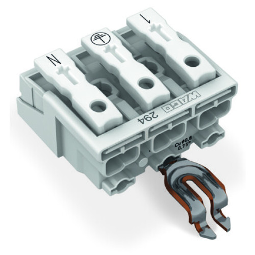 Lighting connector, push-button, external, with angled snap-in ground contact, white