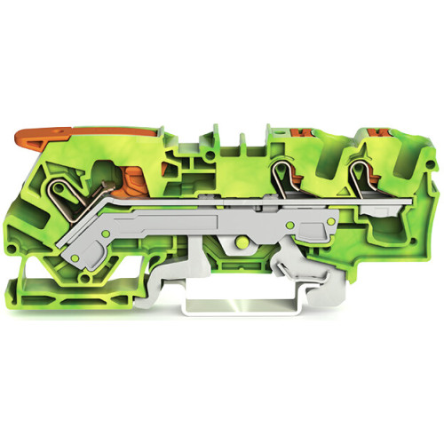 3-conductor ground terminal block, with lever and push-button, 6 mm&sup2;, green-yellow