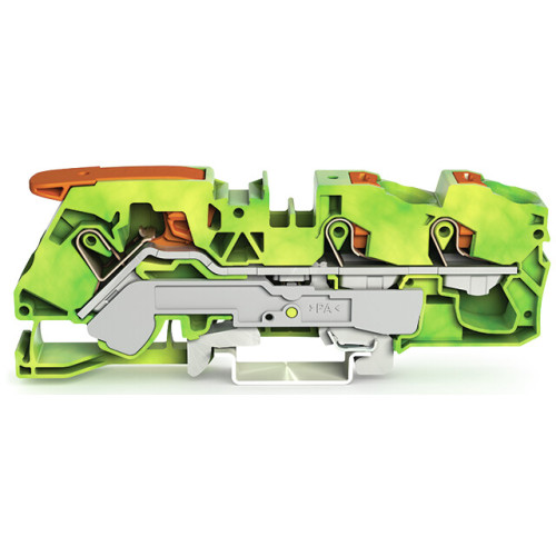 3-conductor ground terminal block, with lever and push-button, 16 mm&sup2;, green-yellow