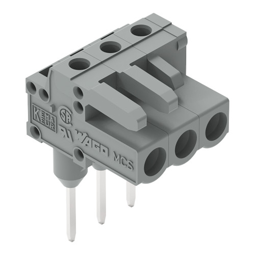 Female connector for rail-mount terminal blocks, 0.6 x 1 mm pins, angled, gray