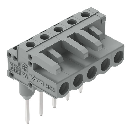 Female connector for rail-mount terminal blocks, 0.6 x 1 mm pins, angled, gray