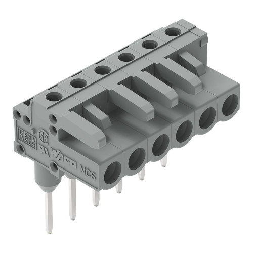 Female connector for rail-mount terminal blocks, 0.6 x 1 mm pins, angled, gray