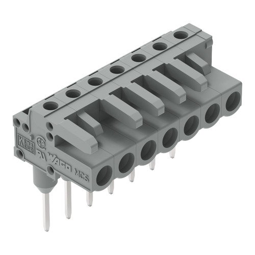 Female connector for rail-mount terminal blocks, 0.6 x 1 mm pins, angled, gray