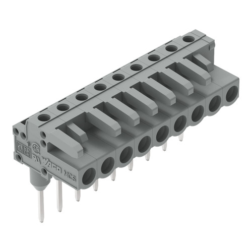 Female connector for rail-mount terminal blocks, 0.6 x 1 mm pins, angled, gray
