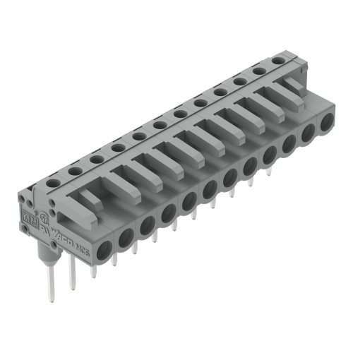 Female connector for rail-mount terminal blocks, 0.6 x 1 mm pins, angled, gray