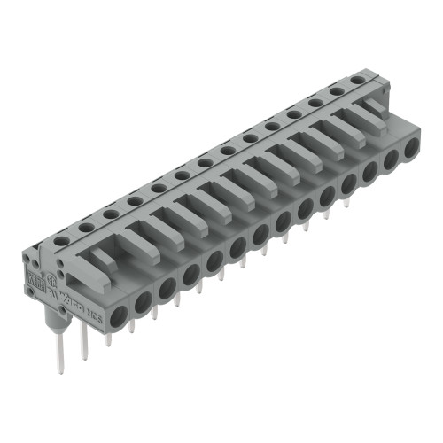 Female connector for rail-mount terminal blocks, 0.6 x 1 mm pins, angled, gray