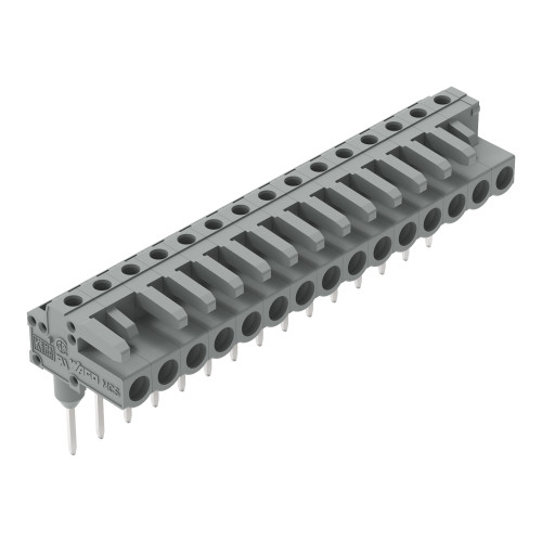 Female connector for rail-mount terminal blocks, 0.6 x 1 mm pins, angled, gray