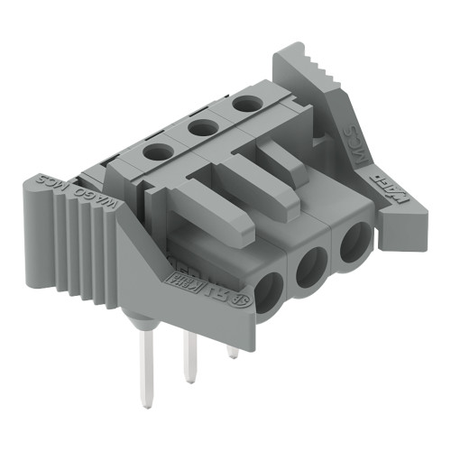 Female connector for rail-mount terminal blocks, 0.6 x 1 mm pins, angled, gray