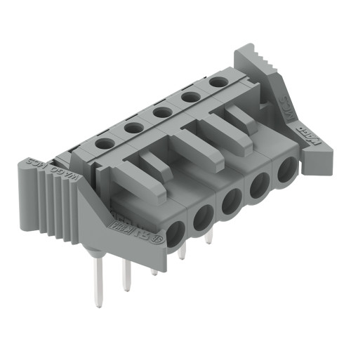 Female connector for rail-mount terminal blocks, 0.6 x 1 mm pins, angled, gray