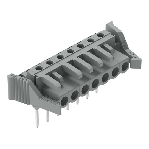 Female connector for rail-mount terminal blocks, 0.6 x 1 mm pins, angled, gray