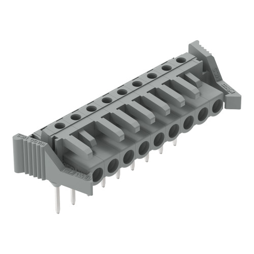 Female connector for rail-mount terminal blocks, 0.6 x 1 mm pins, angled, gray
