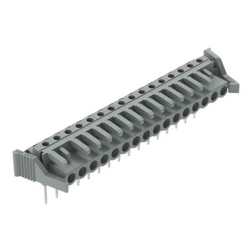 Female connector for rail-mount terminal blocks, 0.6 x 1 mm pins, angled, gray