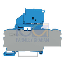 3-conductor fuse terminal block, with pivoting fuse holder, with end plate, blue