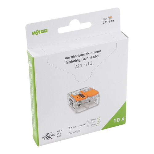 Splicing connector with levers, for all conductor types, max. 6 mm&sup2;, transparent