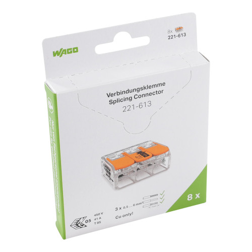 Splicing connector with levers, for all conductor types, max. 6 mm&sup2;, transparent