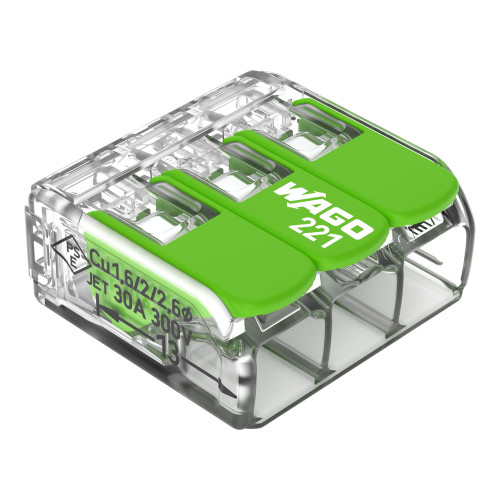 Splicing connector with levers, for all conductor types, max. 6 mm&sup2;, transparent