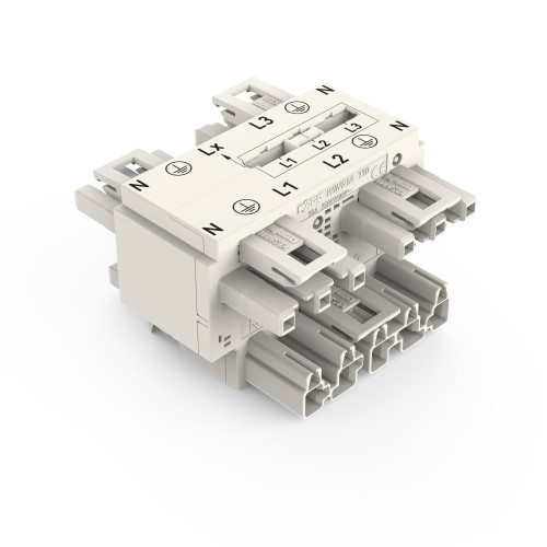 Three-phase to single-phase distribution connector, with phase selection, 5-pole/3-pole, white