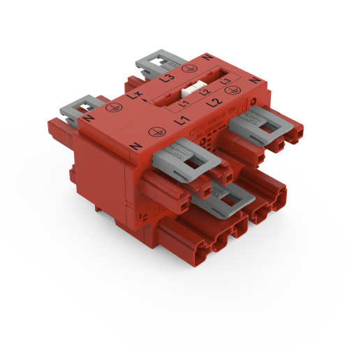 Three-phase to single-phase distribution connector, with phase selection, 5-pole/3-pole, red