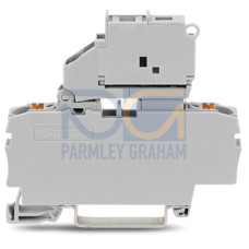 2-conductor fuse terminal block, with pivoting fuse holder, and end plate, gray