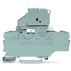 3-conductor fuse terminal block, with pivoting fuse holder, and end plate, gray