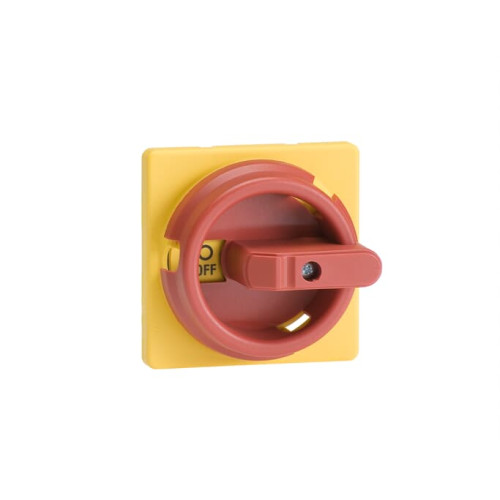 One hole on mounting handle with short shaft adaptor for low enclosures base mounting, IP65, NEMA 4X outdoor, size 66x66, suitable for 6 mm shaft, red-yellow