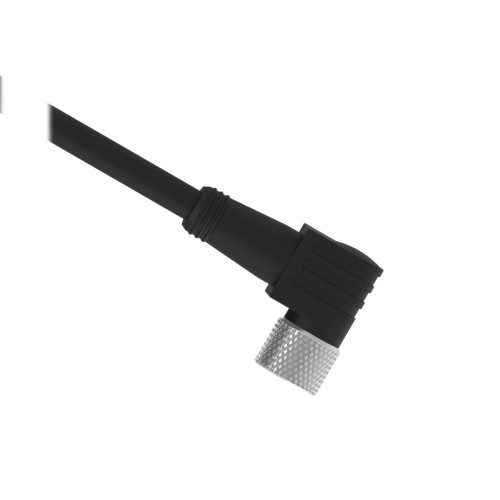 Cordset: Single Ended M8, 3-pin Right-Angle Female, 5 m (16.4 ft) 3x24 Black PVC Jacket, Nickel-Plated Brass Coupling Nut