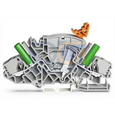 2-conductor disconnect/test terminal block, e.g., current transformer circuits, with receptacle for adjacent jumper with switch lever, gray