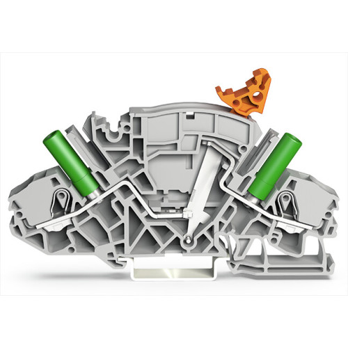 2-conductor disconnect/test terminal block, e.g., current transformer circuits, with receptacle for adjacent jumper with switch lever, gray