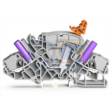 2-conductor disconnect/test terminal block, e.g., current transformer circuits, with receptacle for adjacent jumper with switch lever, gray