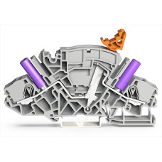 2-conductor disconnect/test terminal block, e.g., current transformer circuits, with receptacle for adjacent jumper with switch lever, gray