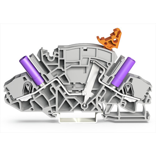 2-conductor disconnect/test terminal block, e.g., current transformer circuits, with receptacle for adjacent jumper with switch lever, gray