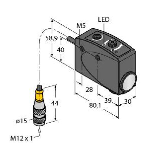 R58 A Register Mark Sensor, Input, 10-30 V dc, Output: Bipolar, 1 NPN, 1 PNP, Green Parallel Sensing Beam, 150 (6 in) 5-pin M12 Pigtail QD
