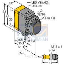 WORLD-BEAM QS30 Series: Adjustable-Field, Range: 50 - 600, Input: 10-30 V dc, Output: Bipolar: 1 NPN, 1 PNP, 150 (6 in) 5-pin M12 PVC Pigtail QD