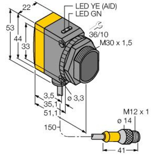 WORLD-BEAM QS30 Series: Adjustable-Field, Range: 50 - 600, Input: 10-30 V dc, Output: Bipolar: 1 NPN, 1 PNP, 150 (6 in) 5-pin M12 PVC Pigtail QD