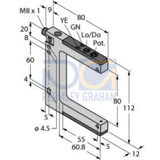 SLM Series: Rugged Nickel-Plated Metal Fixed-Distance Slot Sensor, Slot Width: 80, Input: 10-30 V dc, Output: Bipolar: 1 NPN, 1 PNP, 4-pin M8 Integral QD