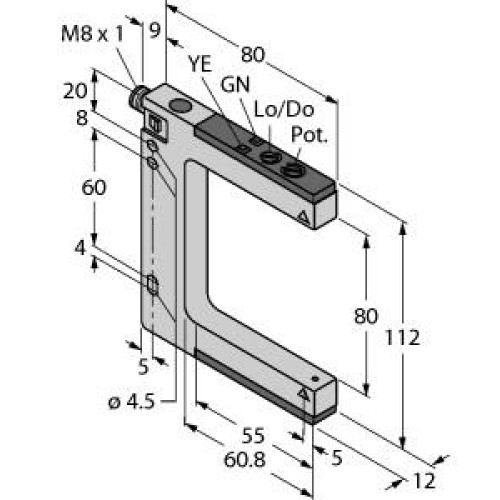 SLM Series: Rugged Nickel-Plated Metal Fixed-Distance Slot Sensor, Slot Width: 80, Input: 10-30 V dc, Output: Bipolar: 1 NPN, 1 PNP, 4-pin M8 Integral QD