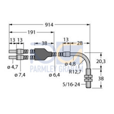 Diffuse Mode Bifurcated Glass Fiber 36 long, 0.125 dia. Bundle, Stainless Steel Sheath, Right angle threaded sensing tip