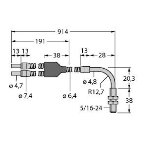 Diffuse Mode Bifurcated Glass Fiber 36 long, 0.125 dia. Bundle, Stainless Steel Sheath, Right angle threaded sensing tip