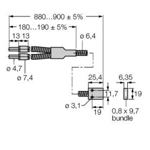 Glass Fiber, Diffuse Mode 9.7 x 0.81 Array Bundle, Stainless Steel Sheathing, 0.91 m long, 25.4 x 19 Plastic Rectangle Sensing Tip