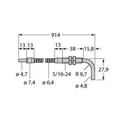 Opposed Mode Individual Glass Fiber 36 long, 0.125 dia. Bundle, Stainless Steel Sheath, Threaded & angled sensing tip