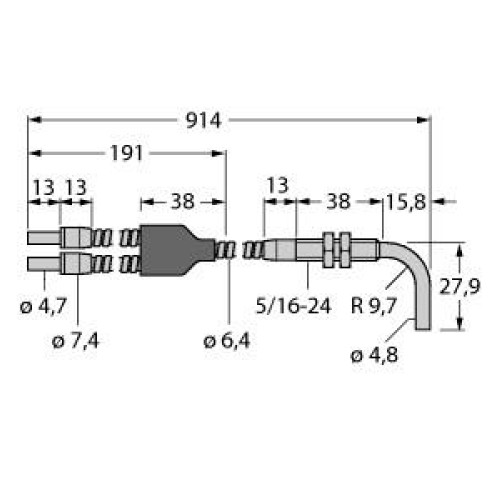 Diffuse Mode Bifurcated Glass Fiber 36 long, 0.125 dia. Bundle, Stainless Steel Sheath, Threaded & angled sensing tip
