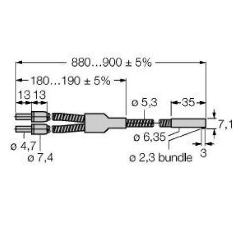 Diffuse-Mode Bifurcated Glass Fiber 36 long, 0.09 dia. Bundle, Stainless Steel Sheath, Tight Right-Angle sensing tip