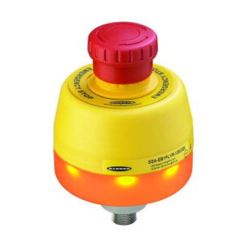 SSA-EB1 30 Mount Emergency Stop Push Button, Green and Red Flash/Solid Illuminated Base, 40 Actuator, IP65, Contacts: 2NC/1NO-PNP, 8-pin M12 Integral QD
