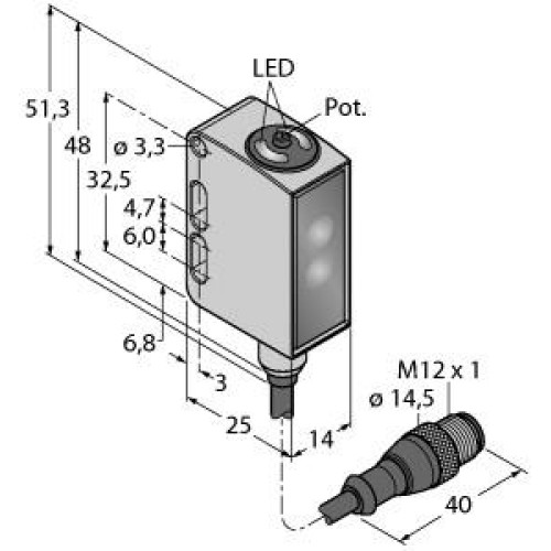 QM26 Washdown Series: Adjustable BGS (Large Red LED), Range: 400, Input 10-30 V dc, Output: Complementary Solid-State PNP, 200 (7.5 in) M12 Pigtail QD