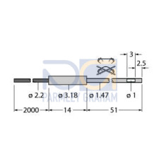 Plastic Fiber, Opposed Mode, Core Dia.: 1, Fiber Length 2 m, Probe, Sideview, Free cut