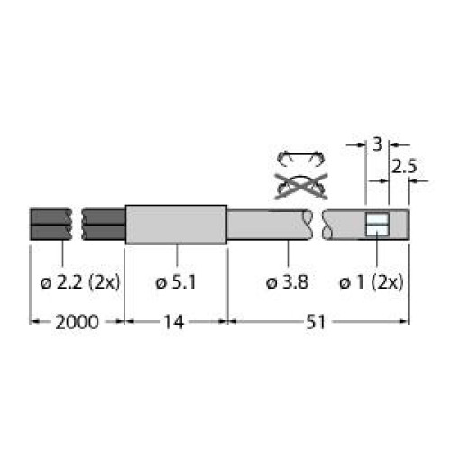 Plastic Fiber, Diffuse Reflective, Core Dia.: 1, Fiber Length 2 m, Probe, Sideview, Free cut