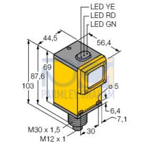 Q45 Series: Laser Retro, Range: 0.3 - 70 m, Input: 10-30 V dc, Output: Bipolar: 1 NPN, 1 PNP, 5-pin M12 Integral QD